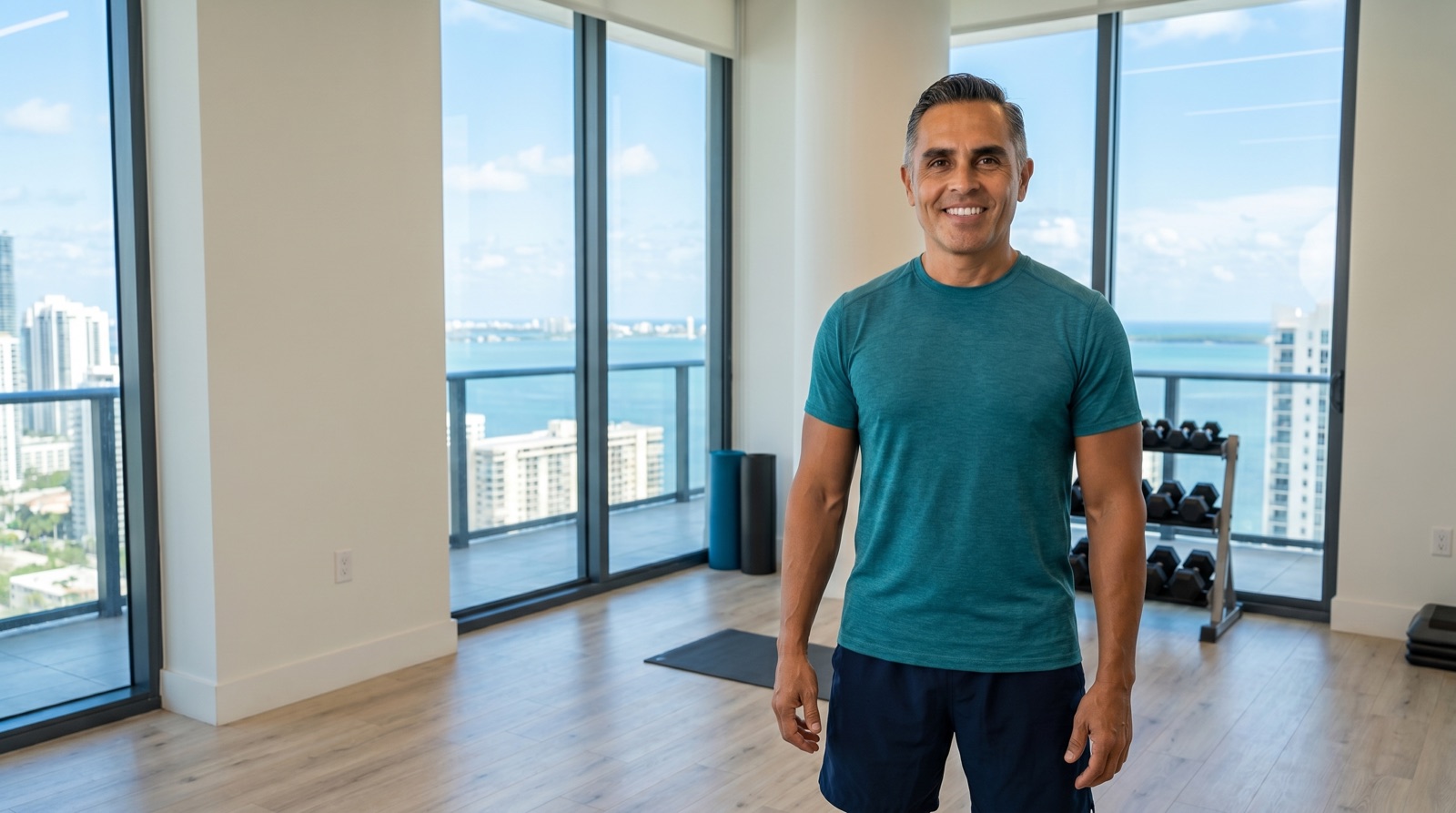 Personal trainer in a premium Brickell high-rise gym with the Miami skyline behind him