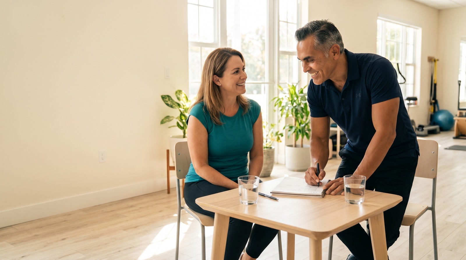 Personal trainer in a friendly consultation with a prospective adult client in a bright Miami fitness studio